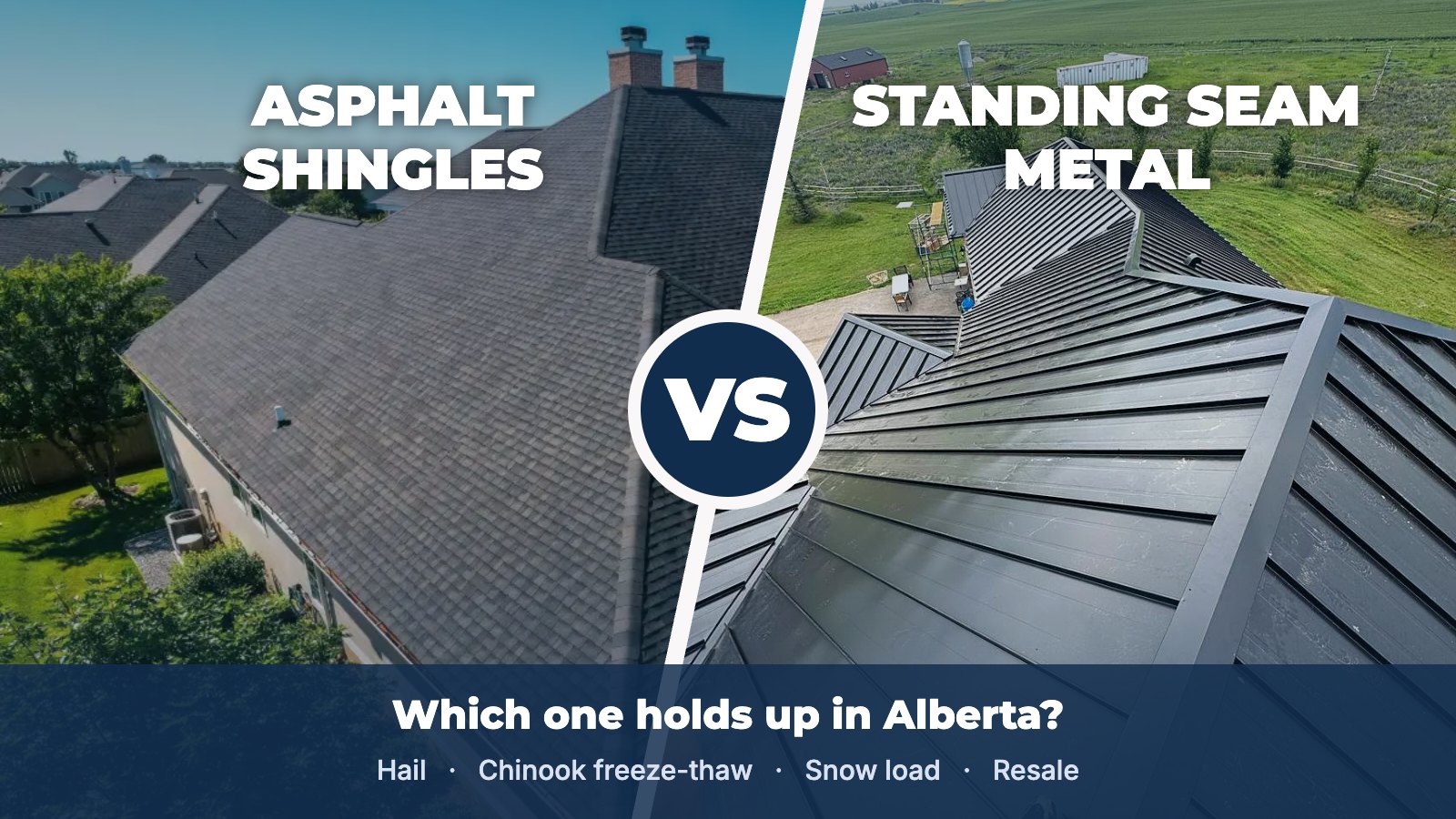 Split image comparing an asphalt shingle roof and a black standing seam metal roof