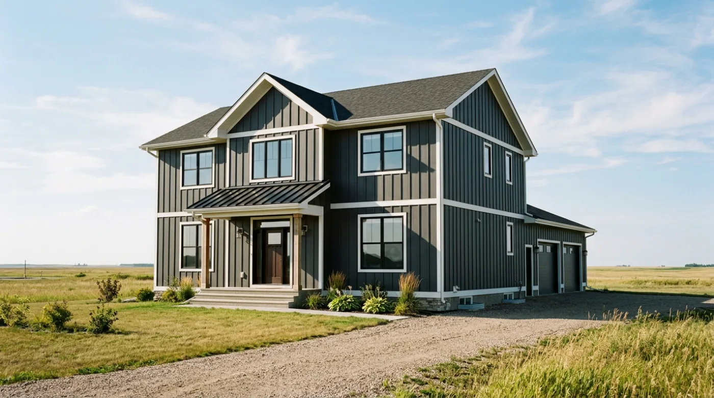 Charcoal board and batten vertical fibre cement siding with white trim on a modern Alberta home