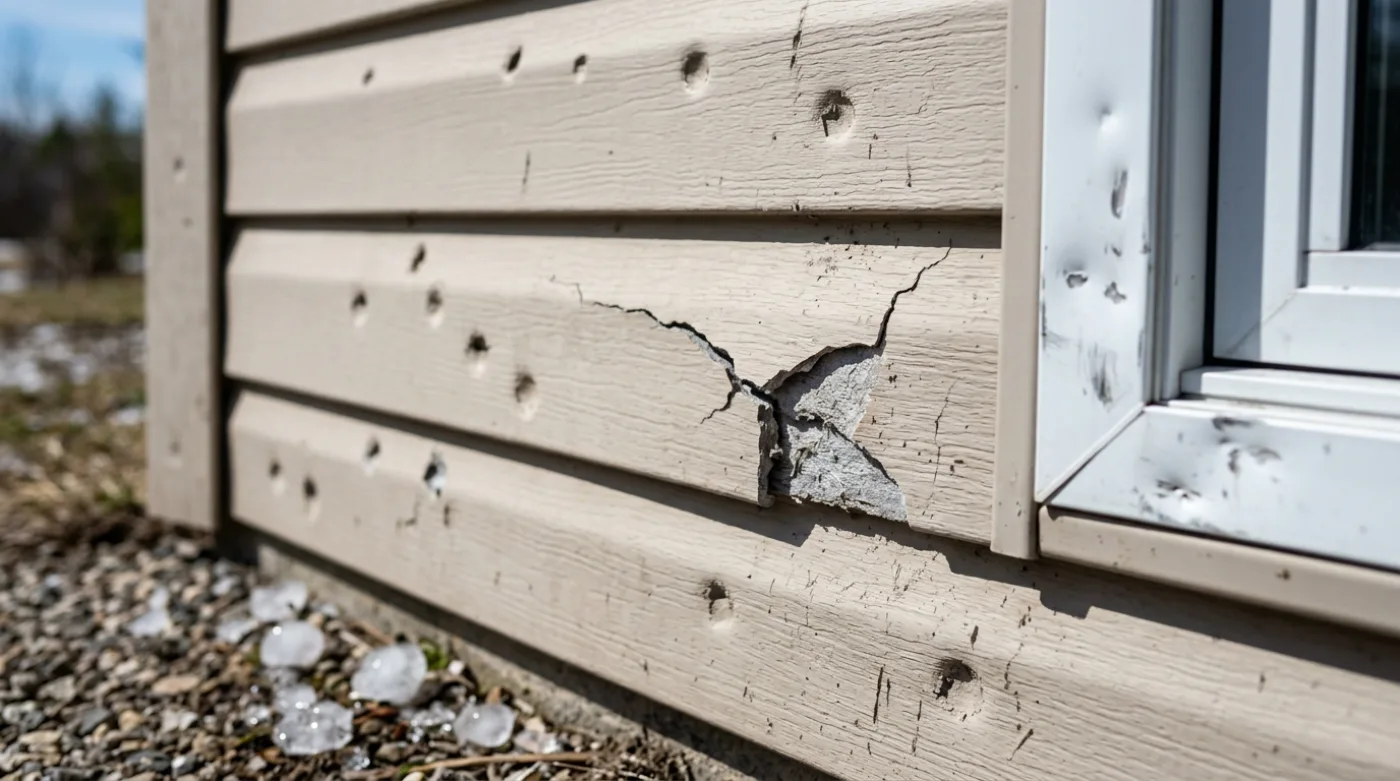 Hail damage on house siding with dents and a cracked plank