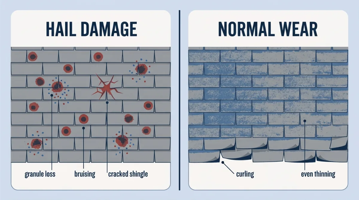 Hail damage versus normal shingle wear compared side by side on an asphalt roof