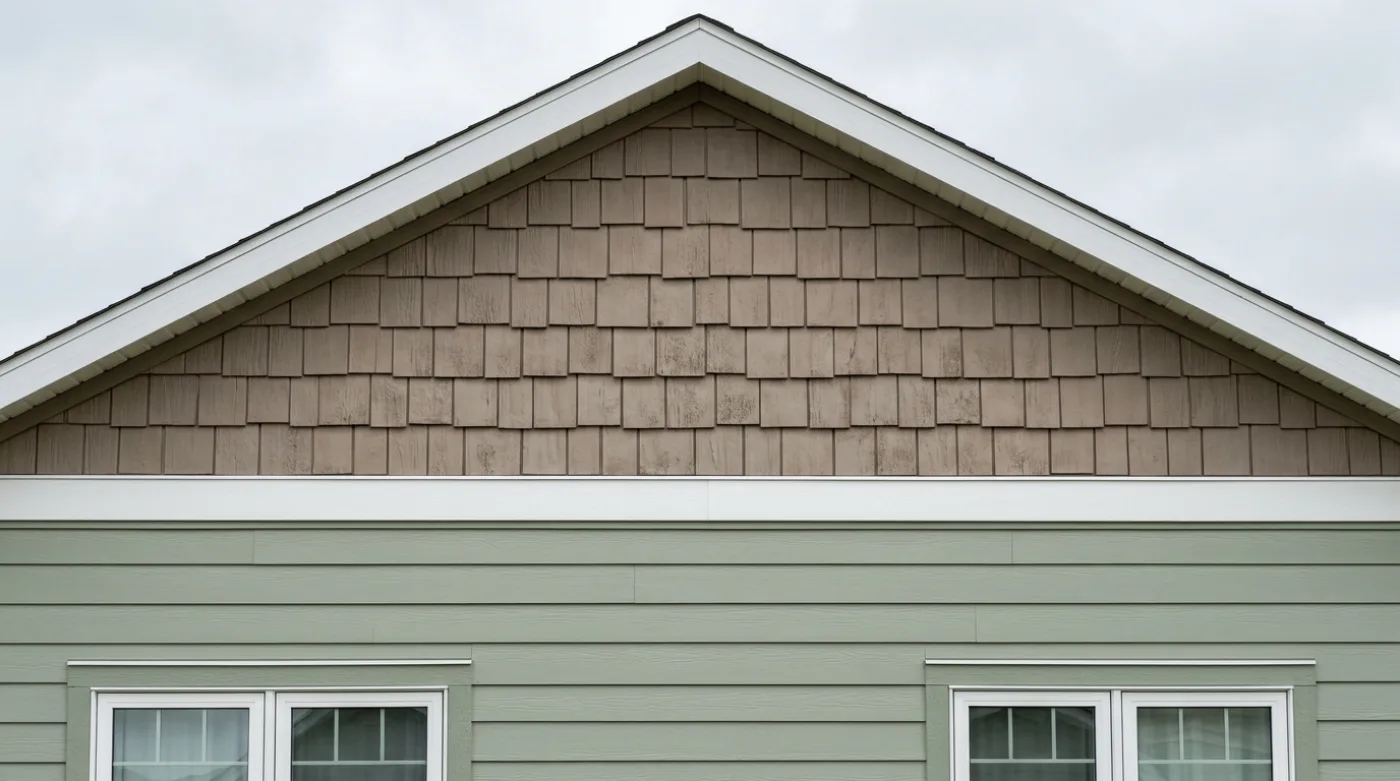 Cedar-look fibre cement shake and shingle siding on a gable above horizontal lap siding