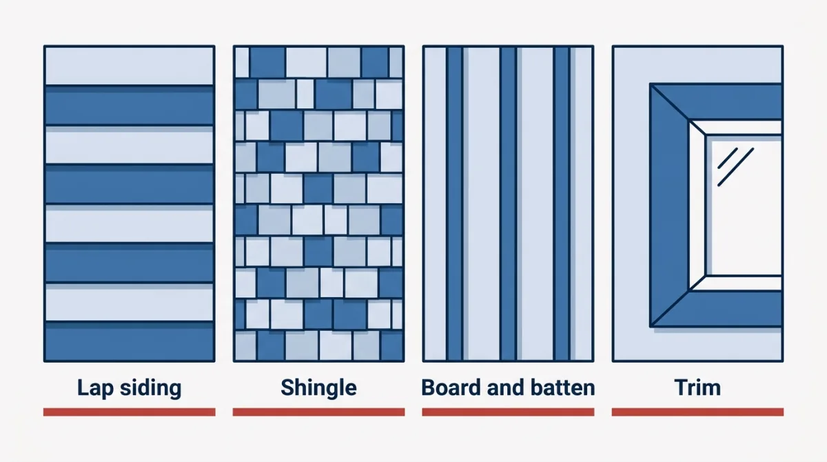 Diagram of James Hardie siding product types: lap, vertical panel, shingle and board-and-batten