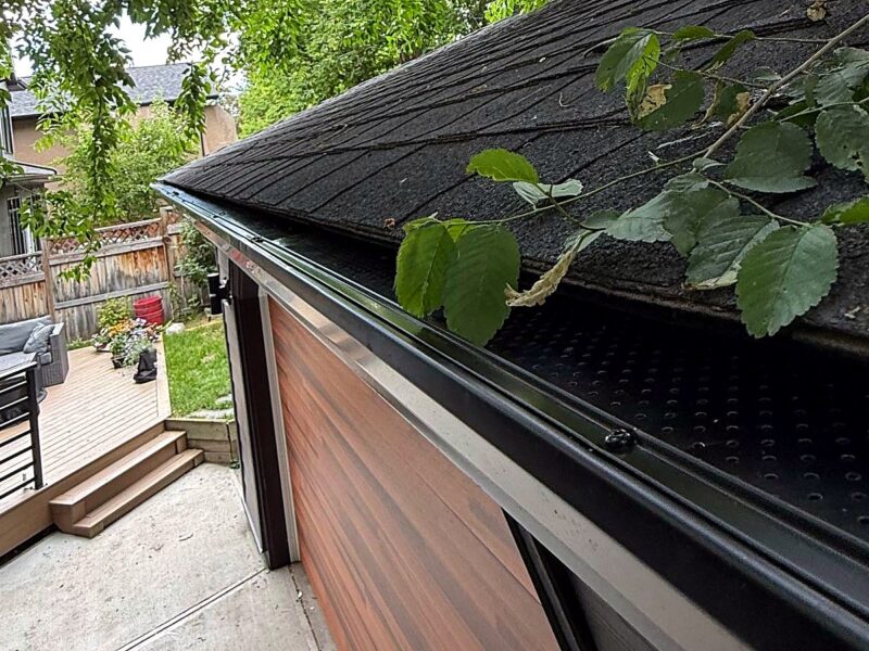 Perforated aluminum gutter guard fitted on an eavestrough beneath overhanging trees on a Calgary garage roof