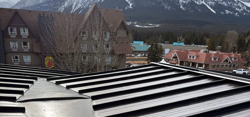 Standing seam metal roof in the foreground with snow-covered Rocky Mountains behind