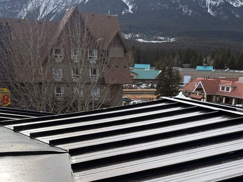 Standing seam metal roof in the foreground with snow-covered Rocky Mountains behind