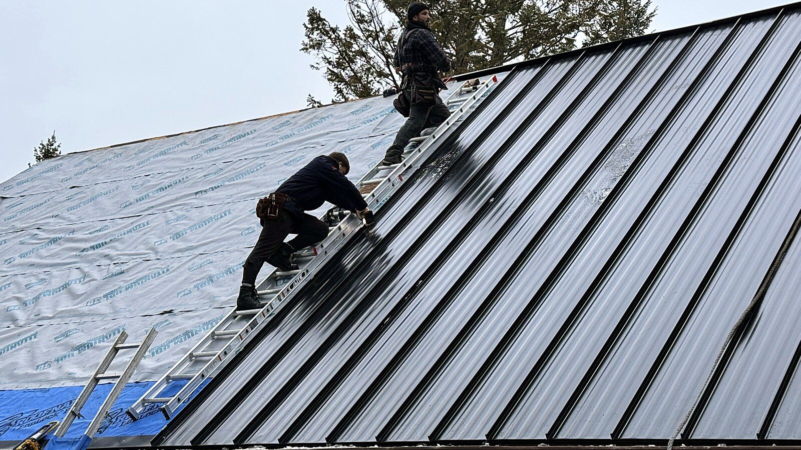 Roofing crew installing black standing seam metal panels over underlayment in winter