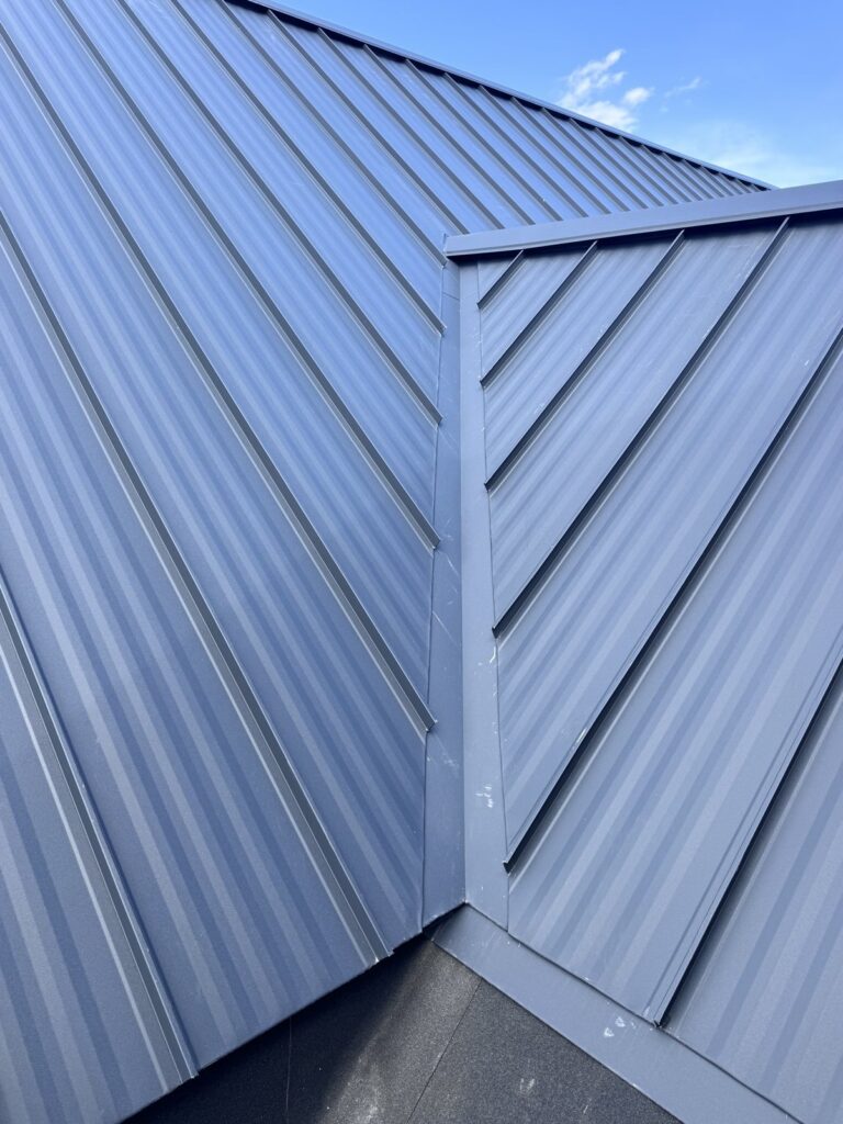 Standing seam metal panels meeting at a valley on a Calgary roof
